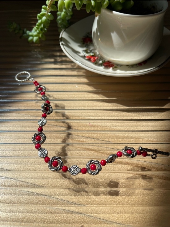 Jewelry - Handmade Red Beaded Silver-Tone Bracelet - Women Jewelry